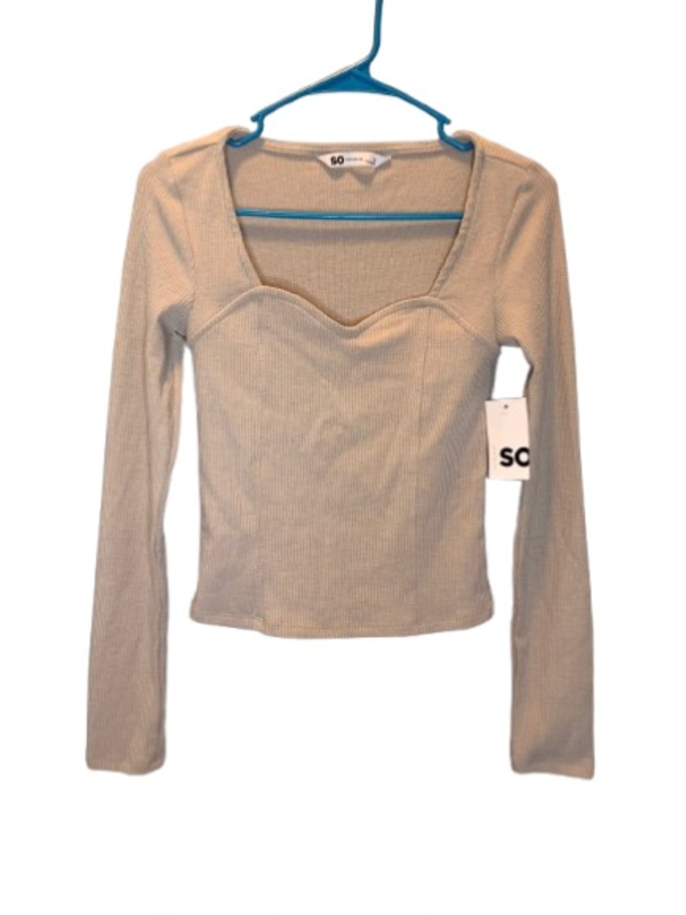 SO Beige Ribbed Long-Sleeve Sweetheart Neck Top